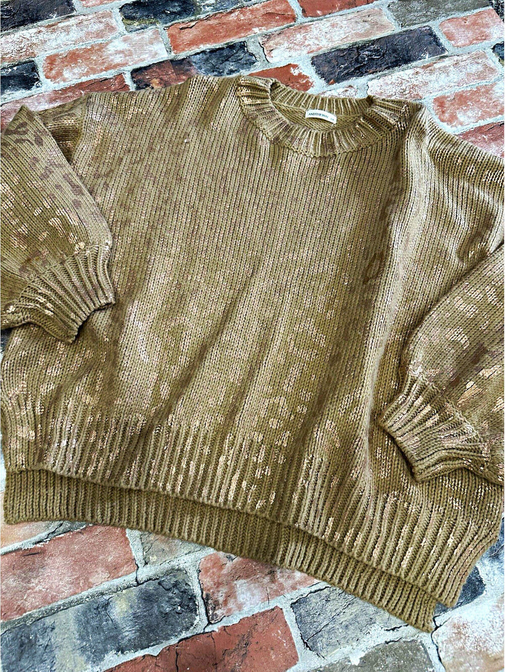 Womens S/M Brown Gold Knit Crew Neck Metallic Leopard Pullover